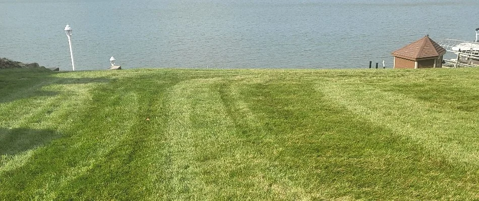 Well-manicured lawn leading to the water in Bremerton, WA.