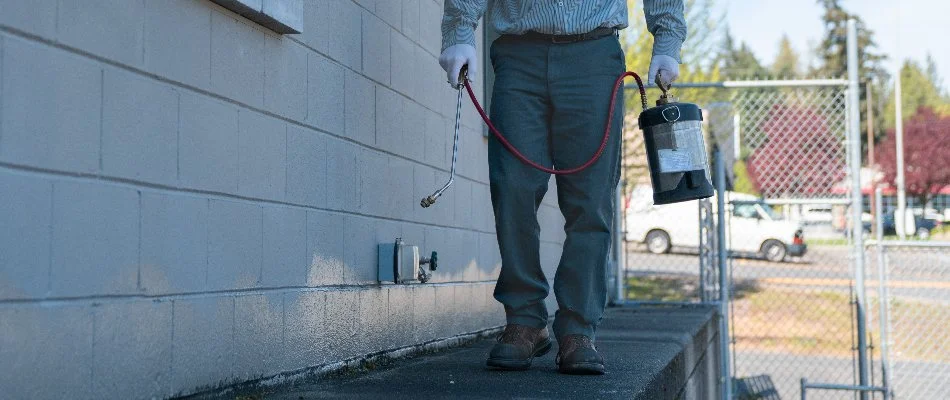 Perimeter pest control treatment on an exterior wall of a house in Parkland, WA.