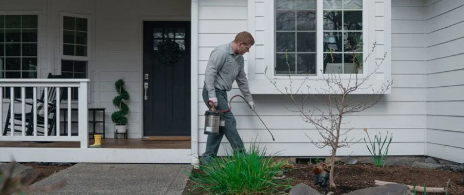 Tech spraying ant control treatment outside a house in Bremerton, WA.