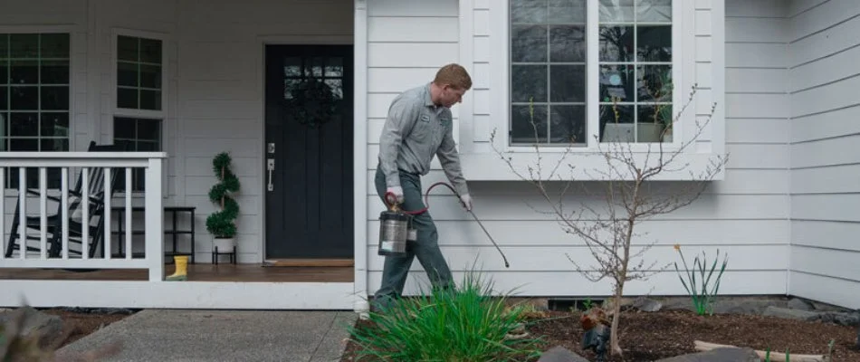 Worker applying pest treatment in front of a home in Lakewood, WA.