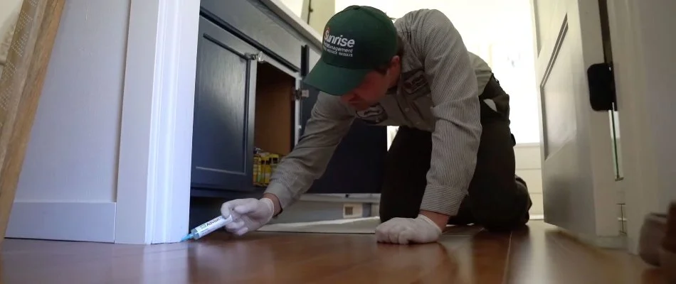 A worker in Kent, WA, applying a gel treatment under cabinets.